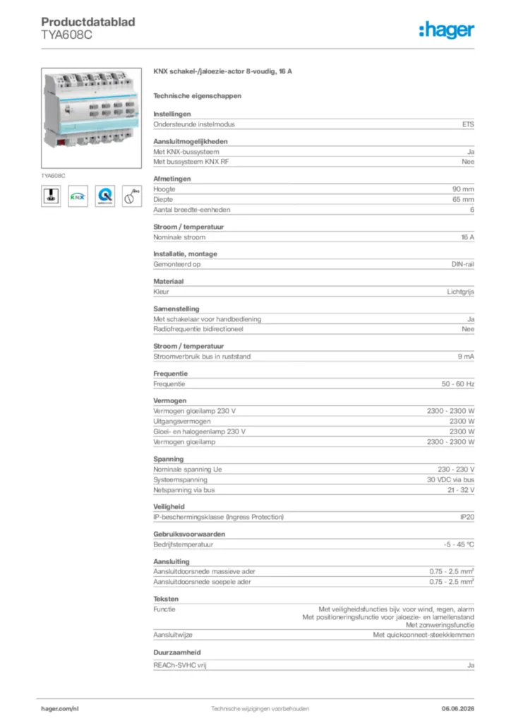 Afbeelding Hager Productdatablad TYA608C | Hager Nederland