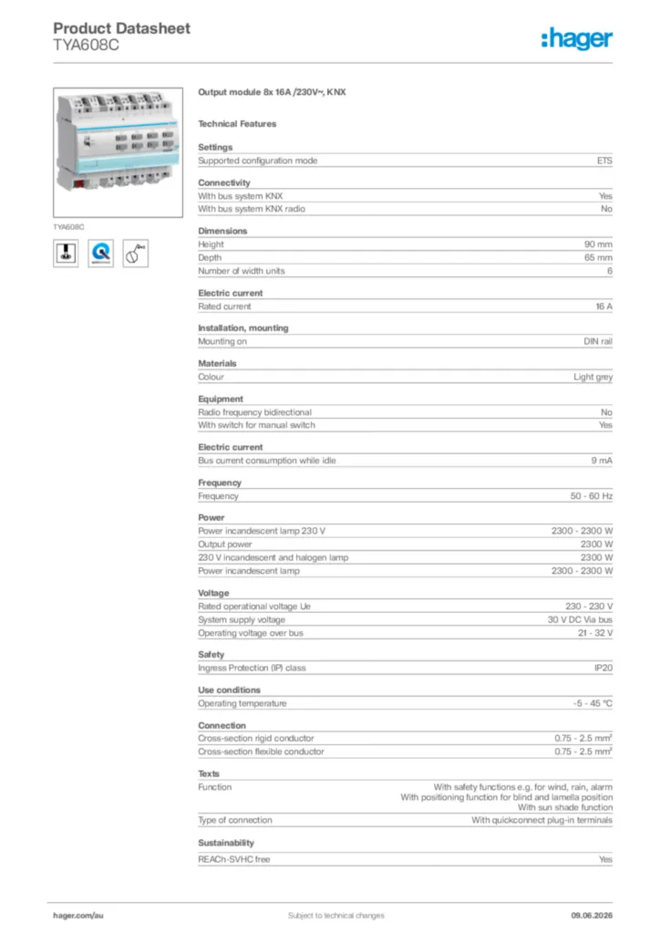 Image Hager Product data sheet TYA608C  | Hager Australia