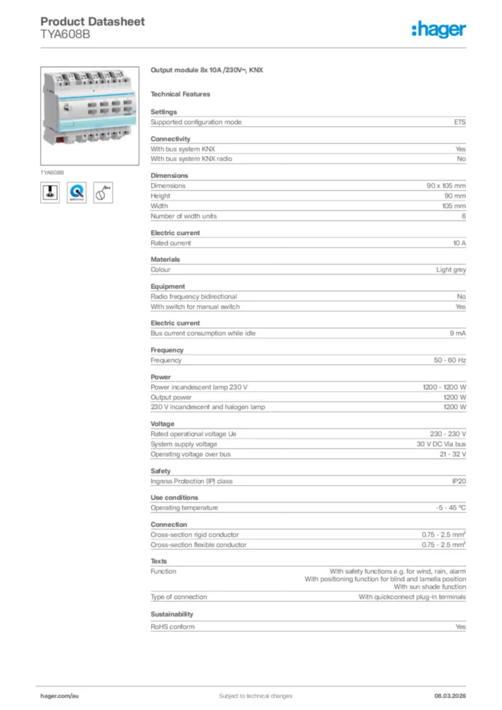 Image Hager Product data sheet TYA608B  | Hager Australia