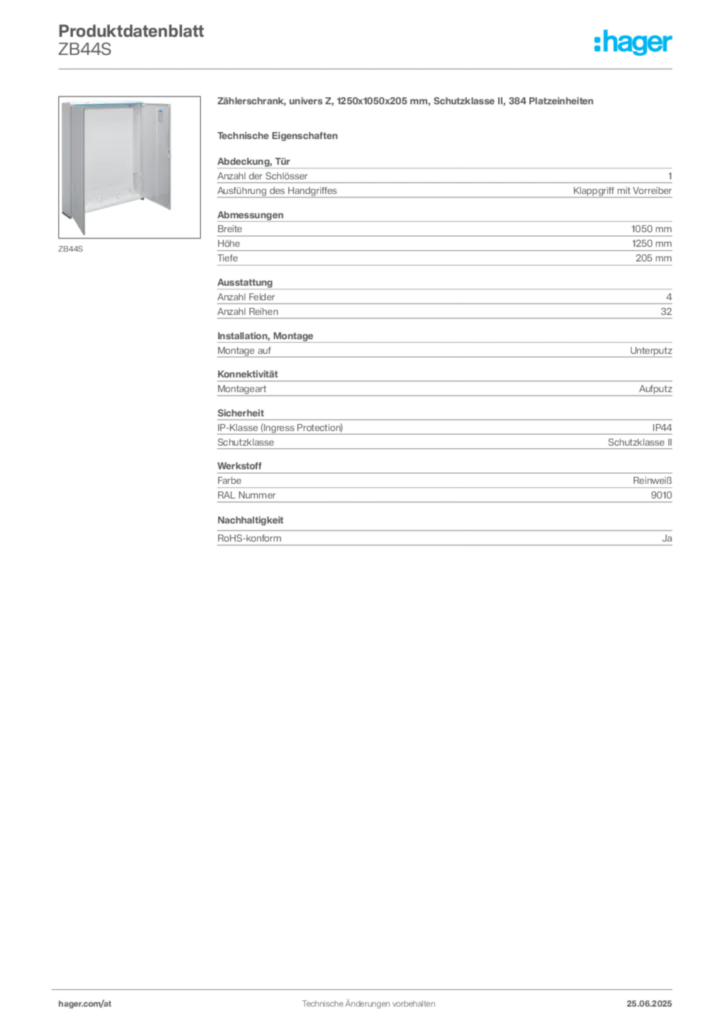 Bild Hager Produktdatenblatt ZB44S | Hager Deutschland