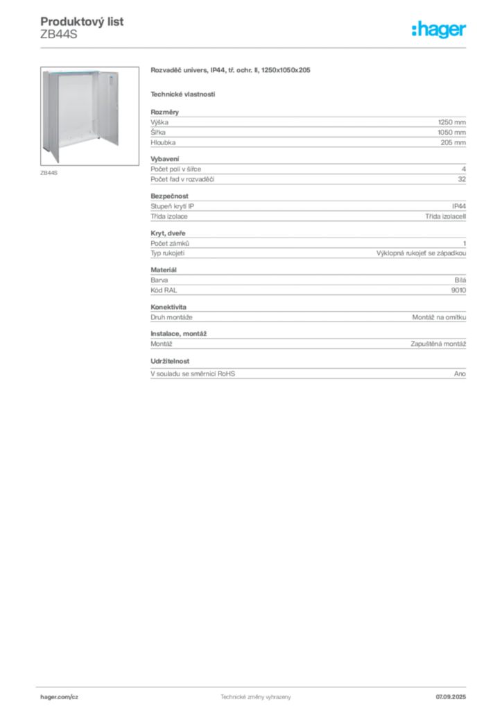 Obrázek Hager Produktový list ZB44S | Hager