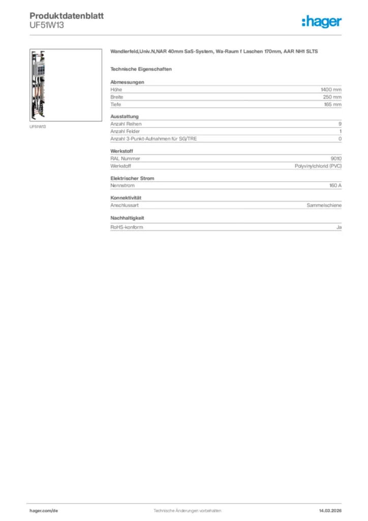 Bild Hager Produktdatenblatt UF51W13 | Hager Deutschland