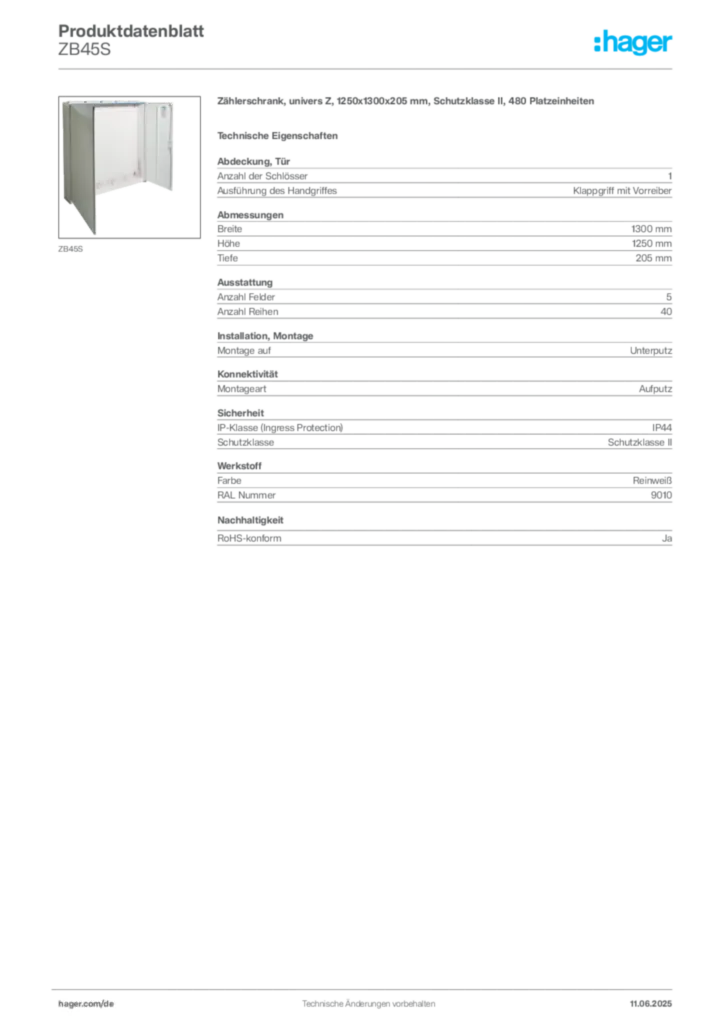 Bild Hager Produktdatenblatt ZB45S | Hager Deutschland