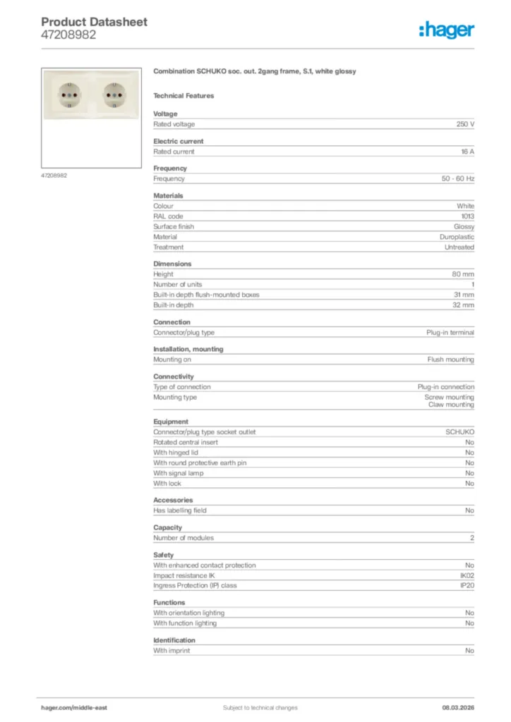 Image Hager Product data sheet 47208982  | Hager