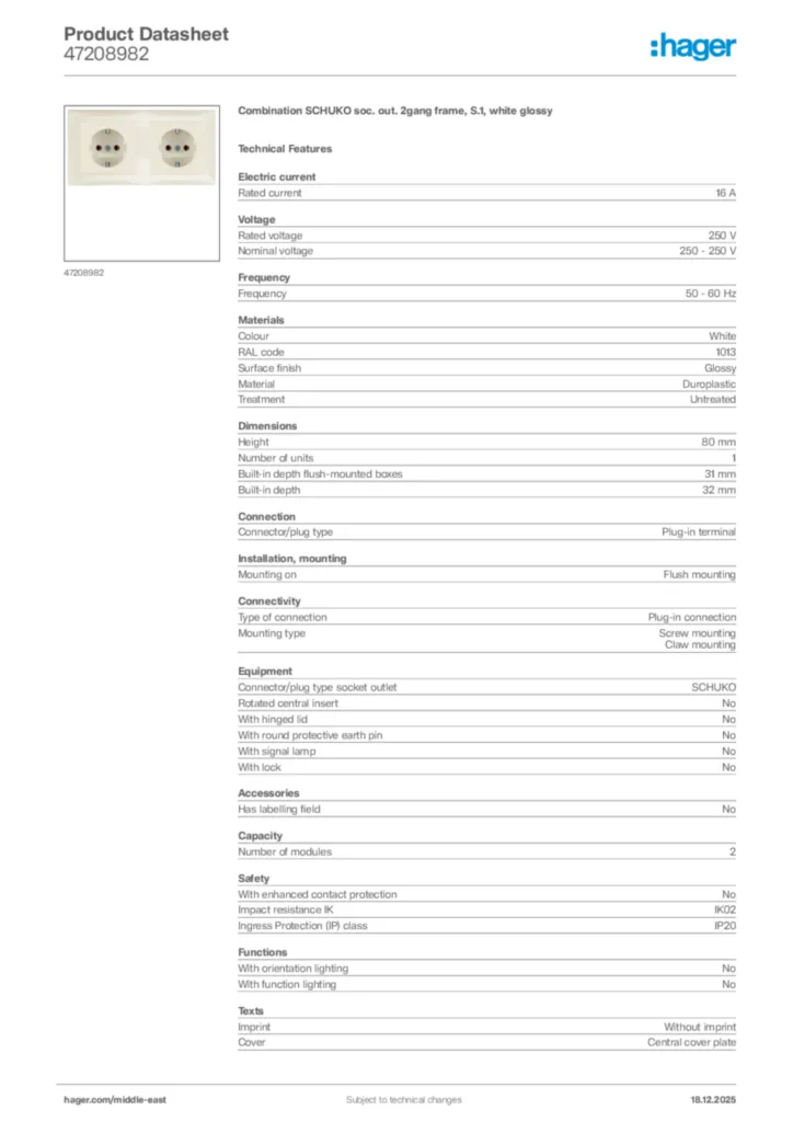 Image Hager Product data sheet 47208982  | Hager