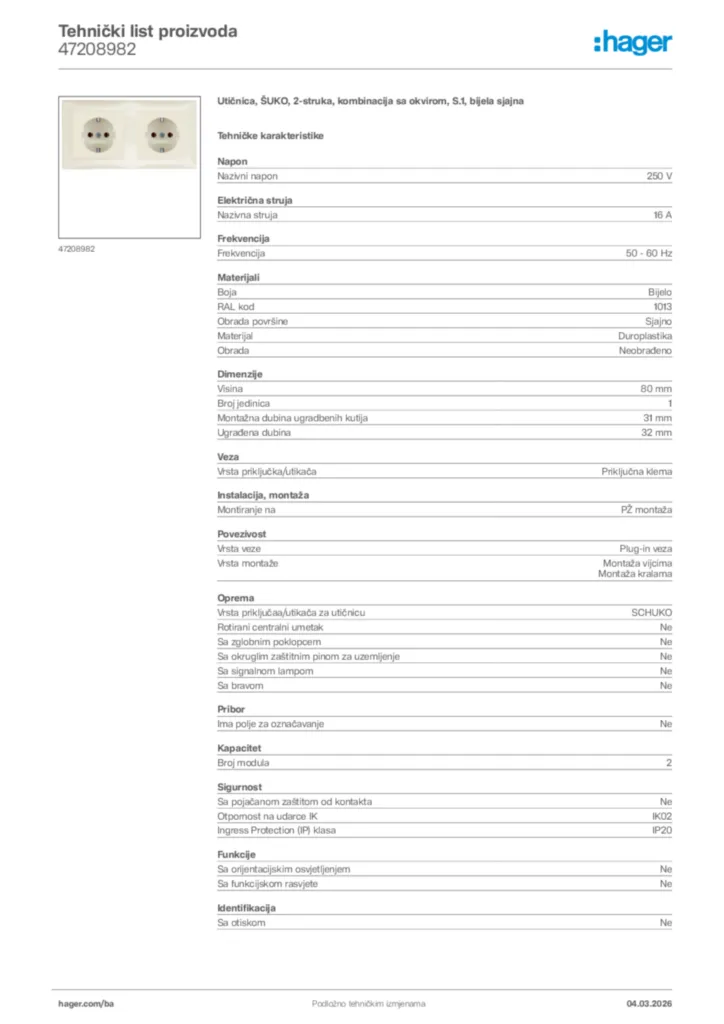 Slika Hager Tehnički list proizvoda 47208982  | Hager