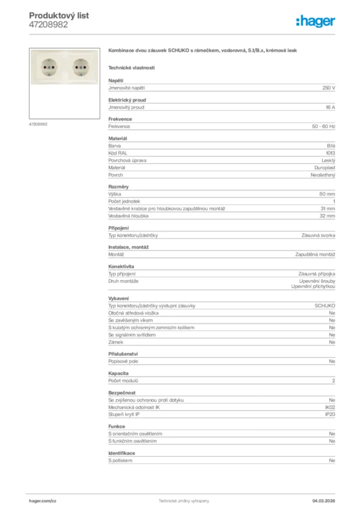 Obrázek Hager Product data sheet 47208982 | Hager