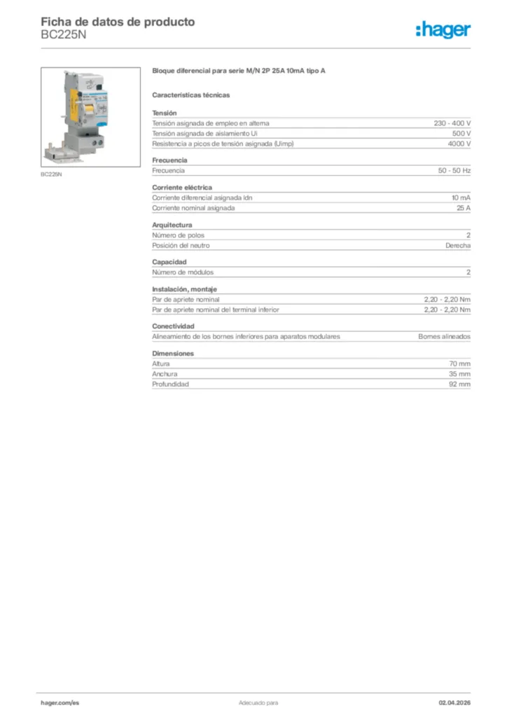 Imagen Hager Ficha de datos de producto BC225N | Hager España