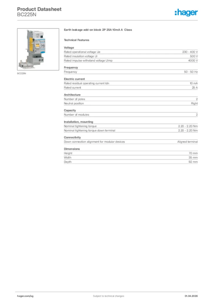 Image Hager Product data sheet BC225N  | Hager