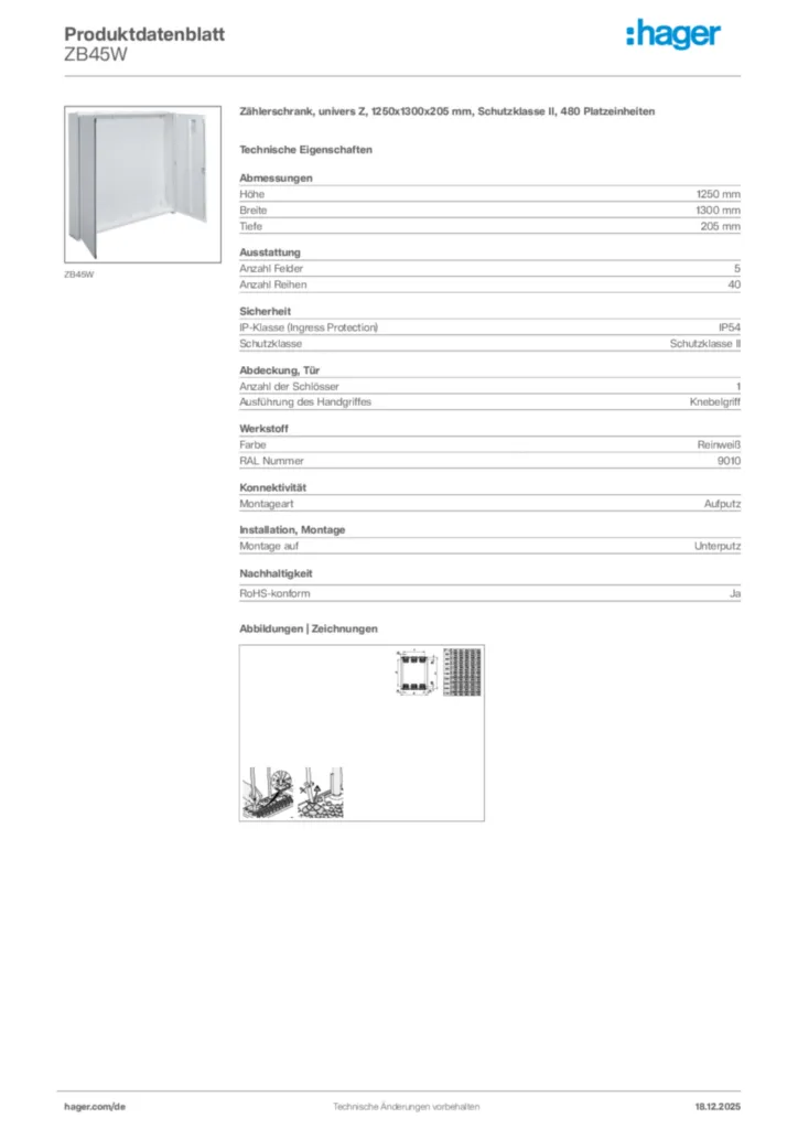 Bild Hager Produktdatenblatt ZB45W | Hager Deutschland