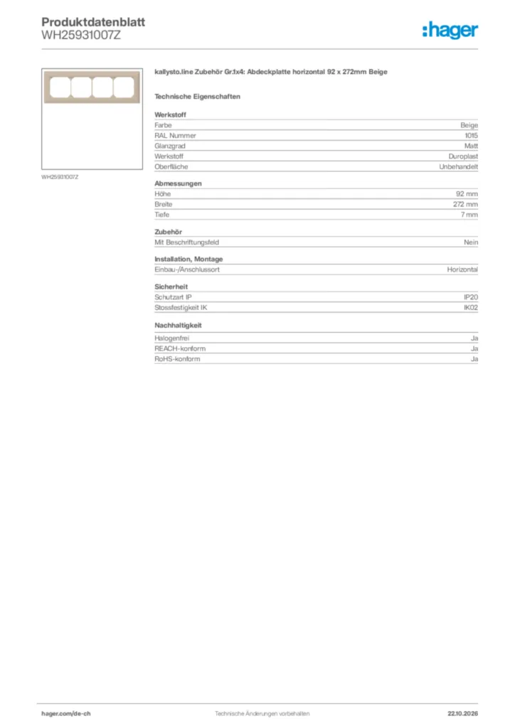 Bild Hager Produktdatenblatt WH25931007Z | Hager Schweiz