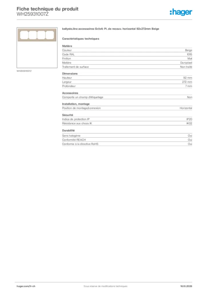 Image Hager Fiche technique du produit WH25931007Z | Hager Suisse