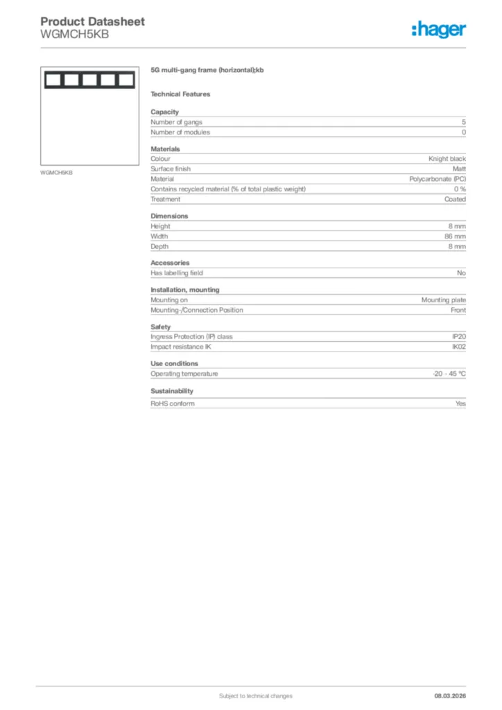 Image Hager Product data sheet WGMCH5KB  | Hager