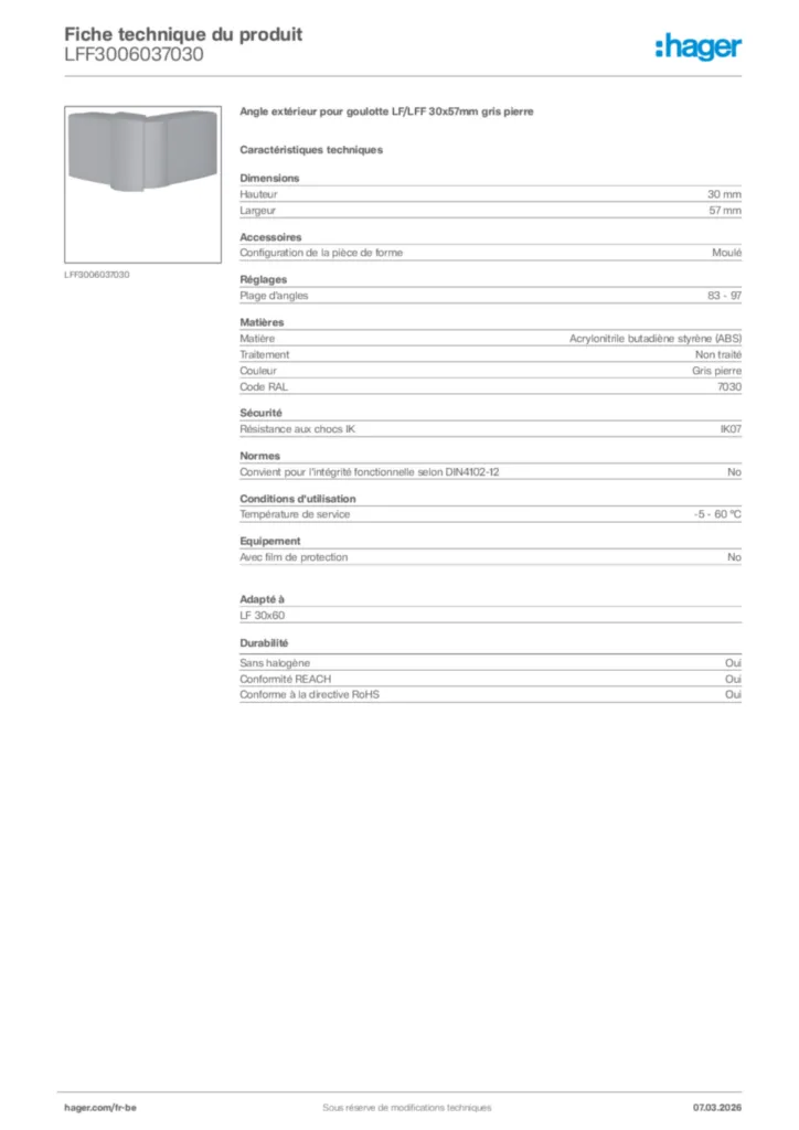 Image Hager Fiche technique du produit LFF3006037030 | Hager Belgique