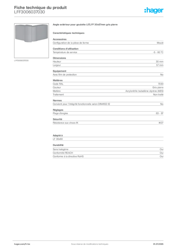 Image Hager Fiche technique du produit LFF3006037030 | Hager Belgique
