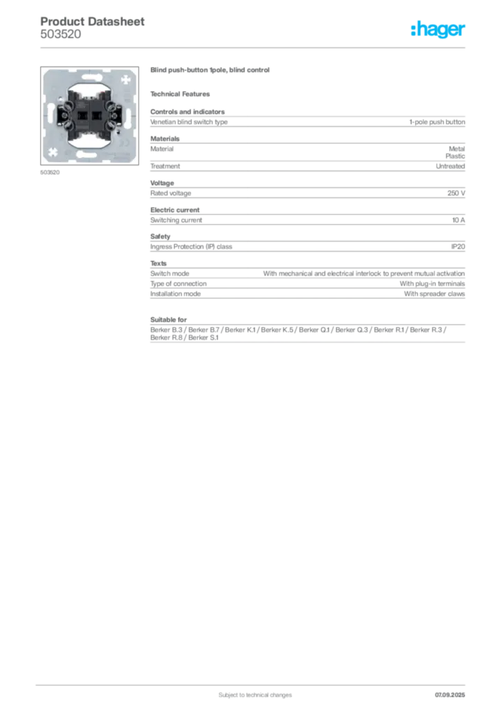 Image Hager Product data sheet 503520  | Hager