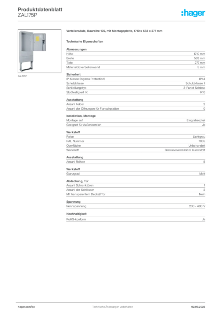 Bild Hager Produktdatenblatt ZAL175P | Hager Deutschland