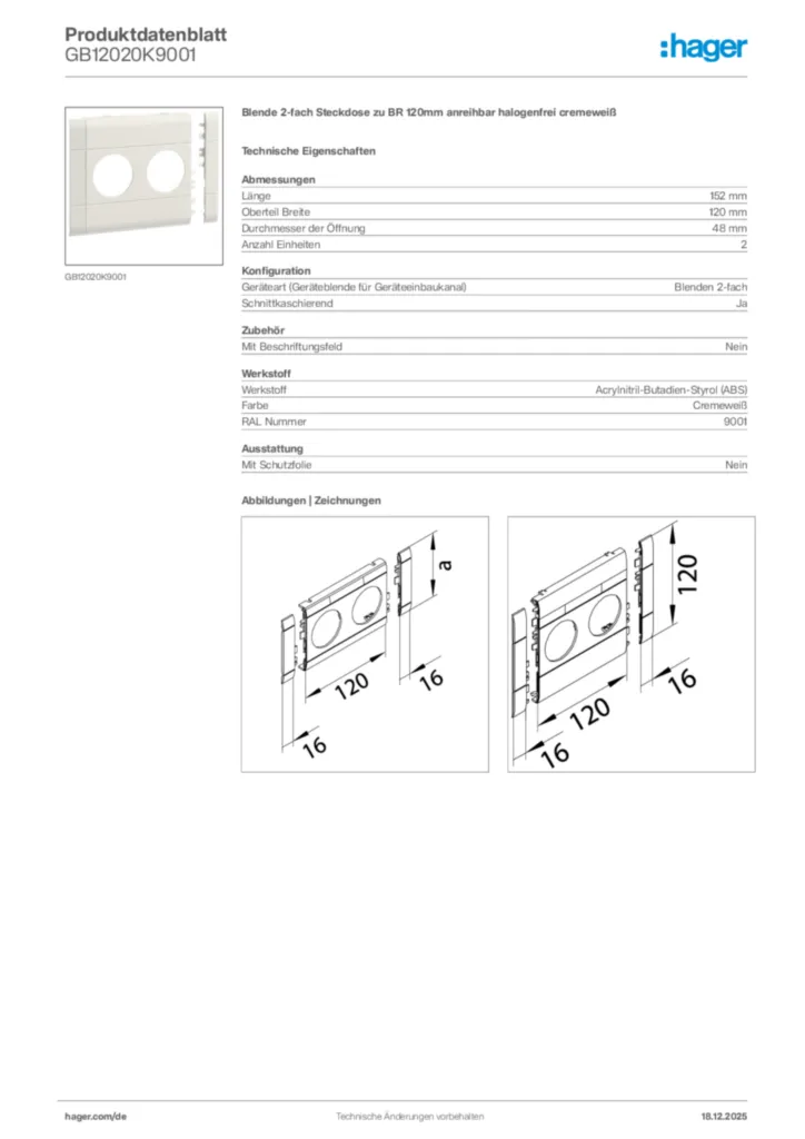 Bild Hager Produktdatenblatt GB12020K9001 | Hager Deutschland