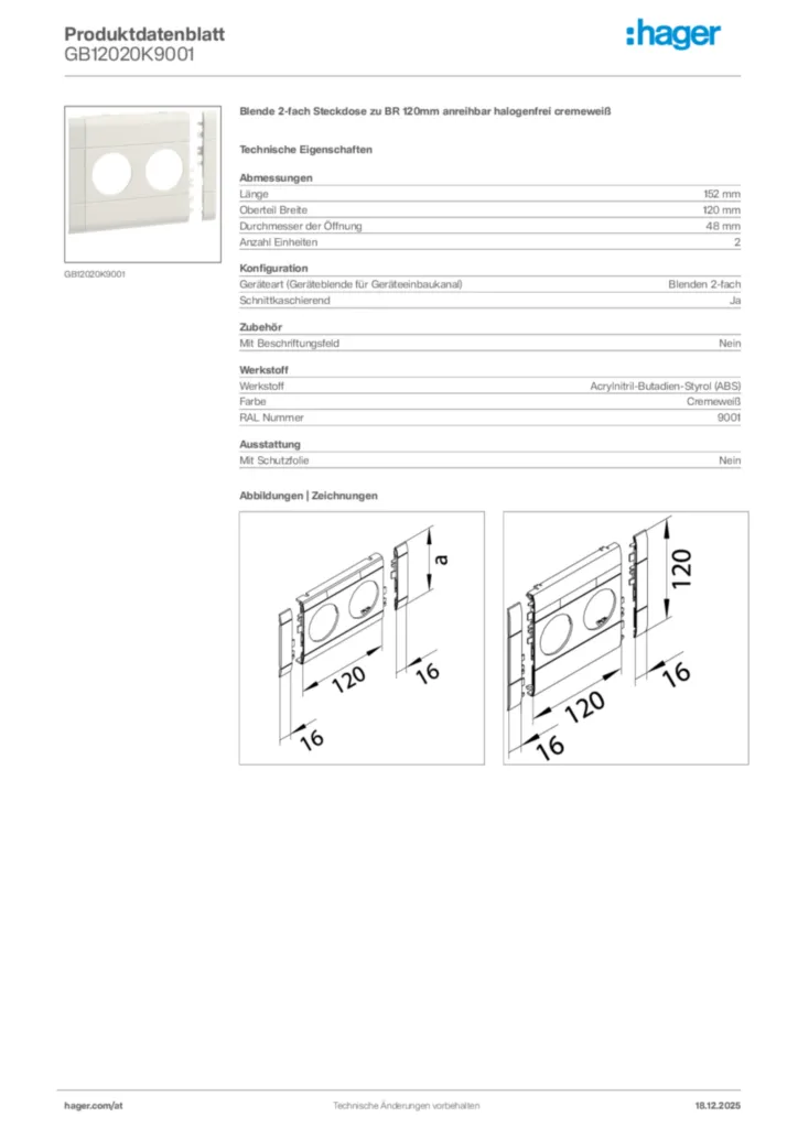 Bild Hager Produktdatenblatt GB12020K9001 | Hager Deutschland
