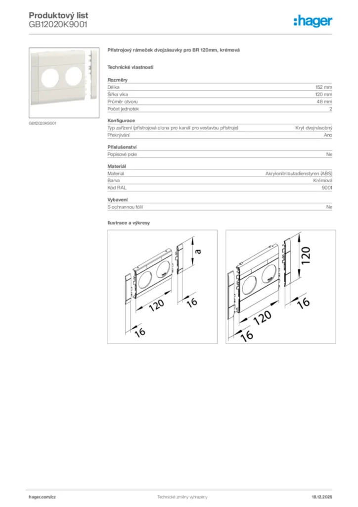 Obrázek Hager Produktový list GB12020K9001 | Hager