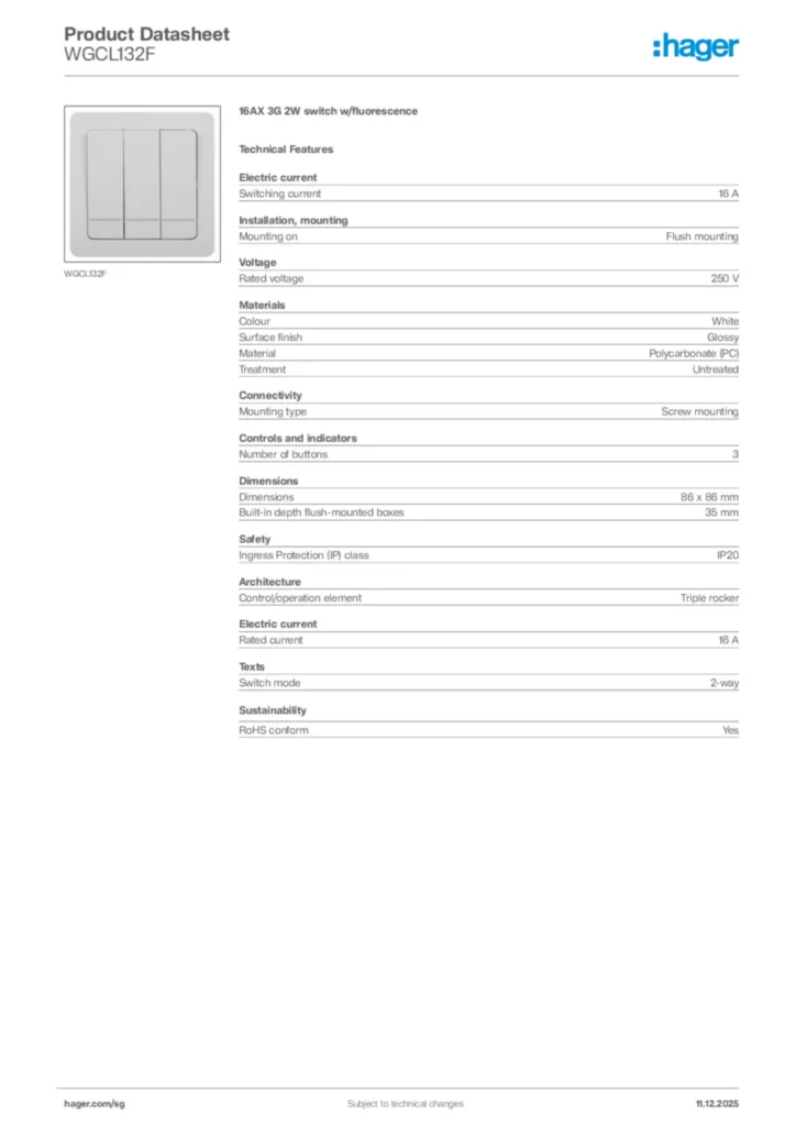 Image Hager Product data sheet WGCL132F  | Hager