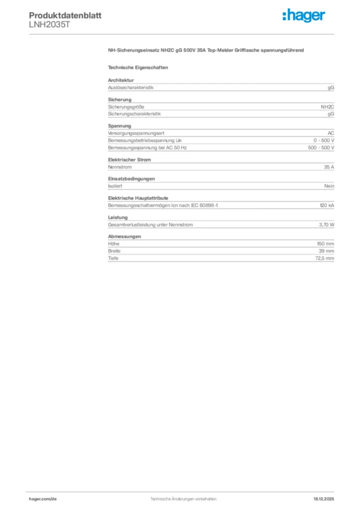 Bild Hager Produktdatenblatt LNH2035T | Hager Deutschland