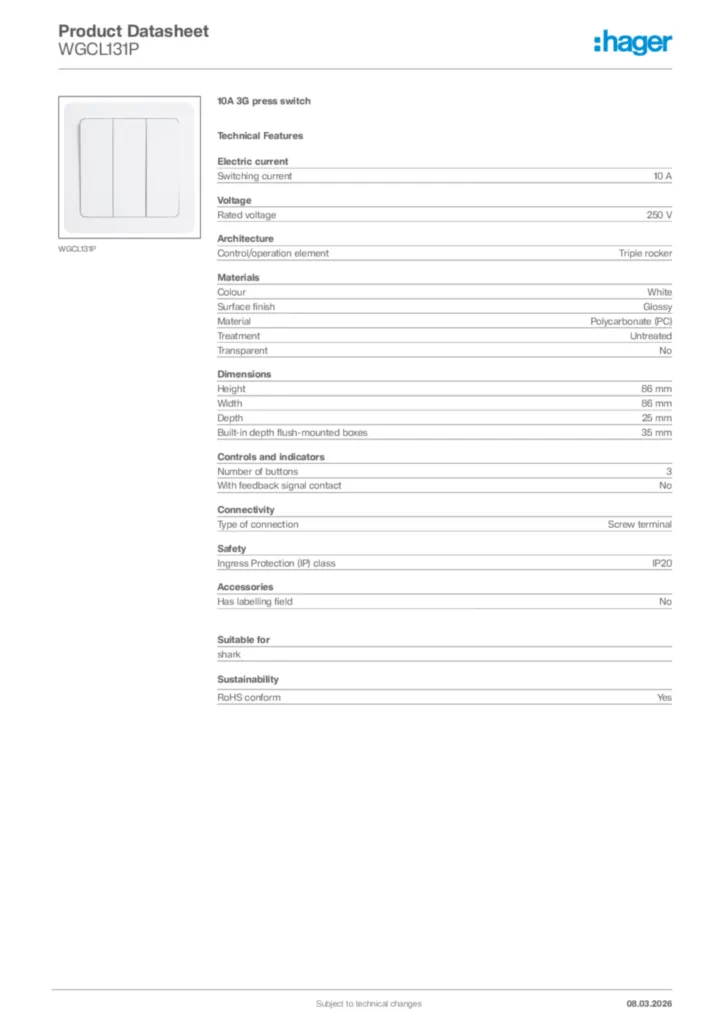 Image Hager Product data sheet WGCL131P  | Hager Africa