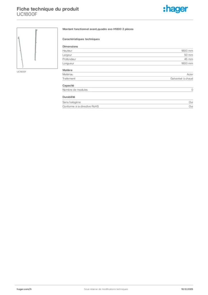 Image Hager Fiche technique du produit UC1800F | Hager France