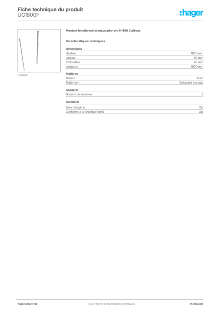 Image Hager Fiche technique du produit UC1800F | Hager Belgique