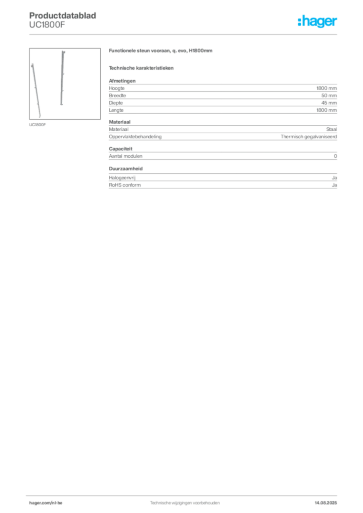 Afbeelding Hager Productdatablad UC1800F | Hager Belgium