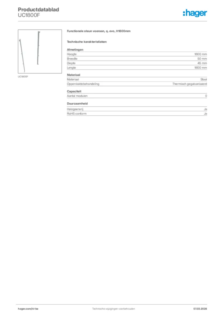 Afbeelding Hager Productdatablad UC1800F | Hager Belgium