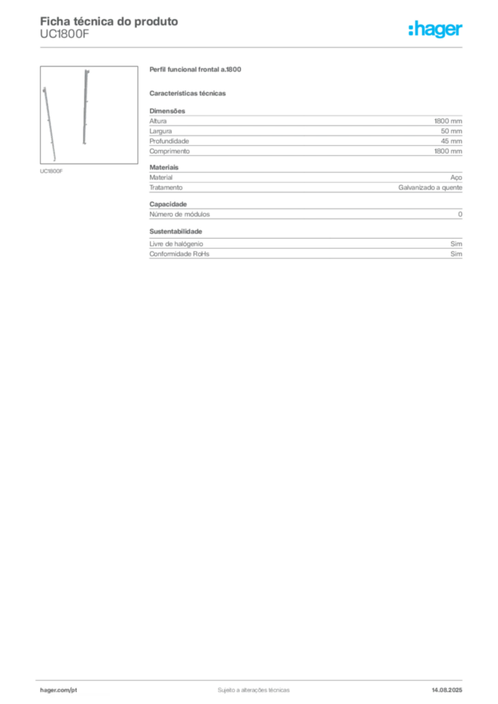 Imagem Hager Ficha técnica do produto UC1800F | Hager Portugal