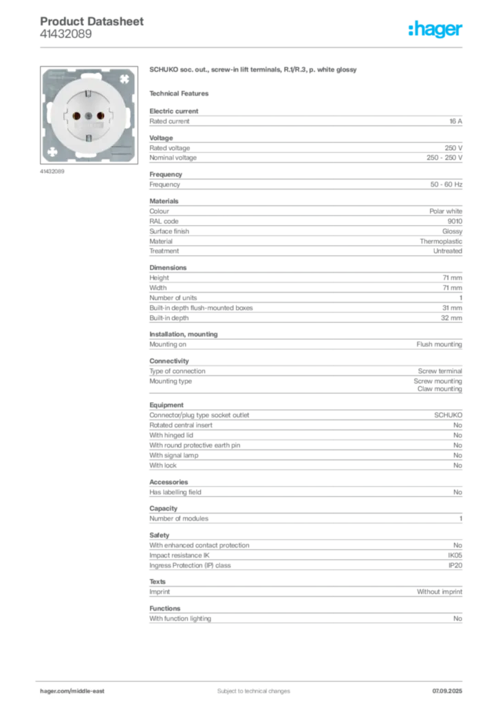 Image Hager Product data sheet 41432089  | Hager