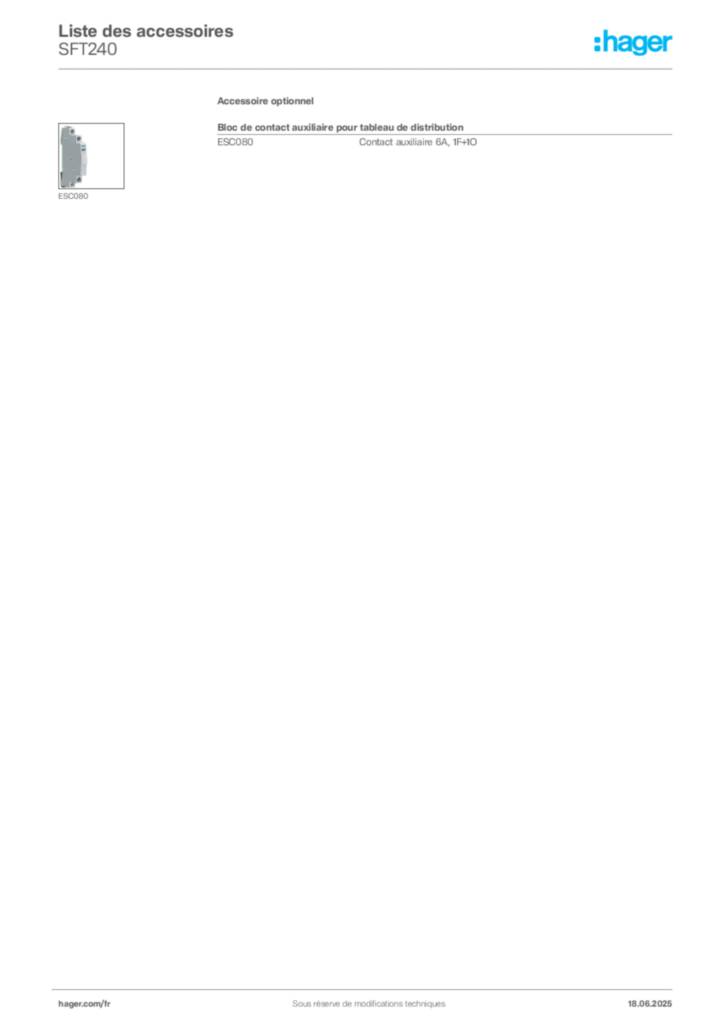 Image Hager Fiche technique du produit SFT240 | Hager France