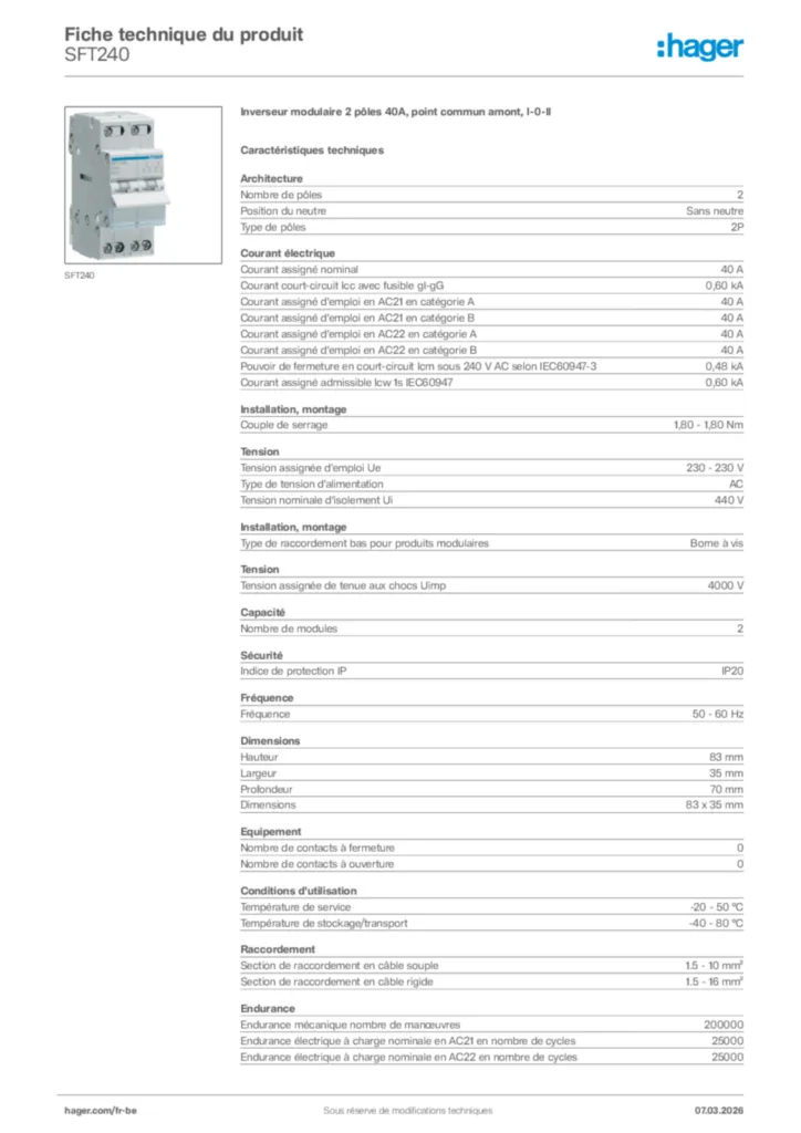Image Hager Fiche technique du produit SFT240 | Hager Belgique