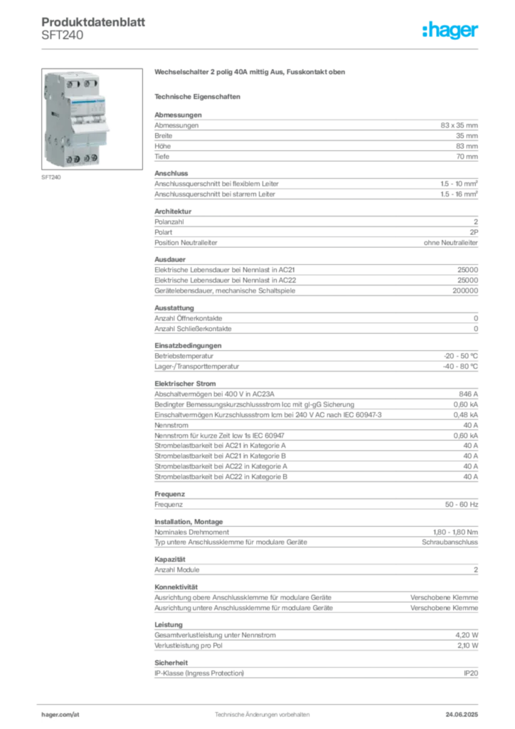 Bild Hager Produktdatenblatt SFT240 | Hager Deutschland