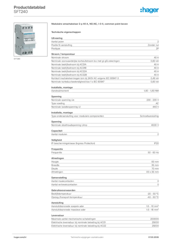 Afbeelding Hager Productdatablad SFT240 | Hager Nederland
