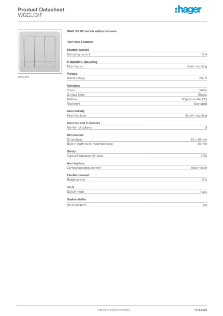 Image Hager Product data sheet WGCL131F  | Hager Africa