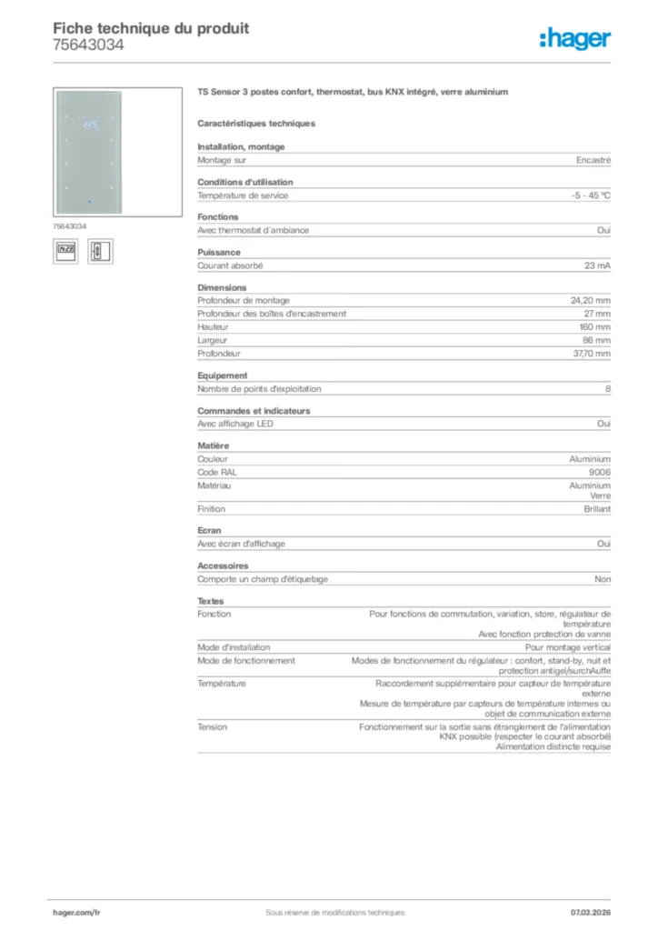 Image Hager Fiche technique du produit 75643034 | Hager France