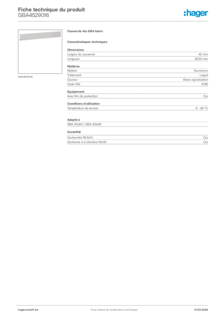 Image Hager Fiche technique du produit GBA4529016 | Hager Belgique