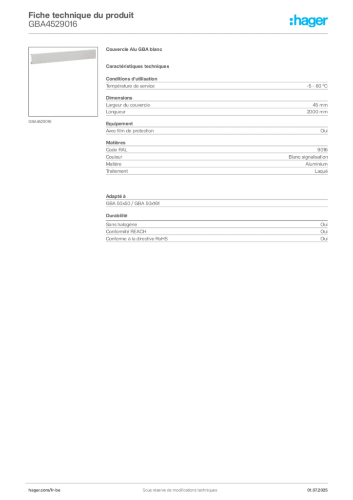 Image Hager Fiche technique du produit GBA4529016 | Hager Belgique