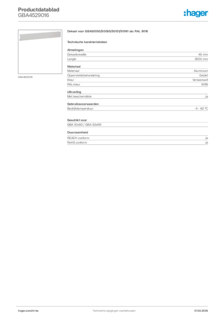 Afbeelding Hager Productdatablad GBA4529016 | Hager Belgium