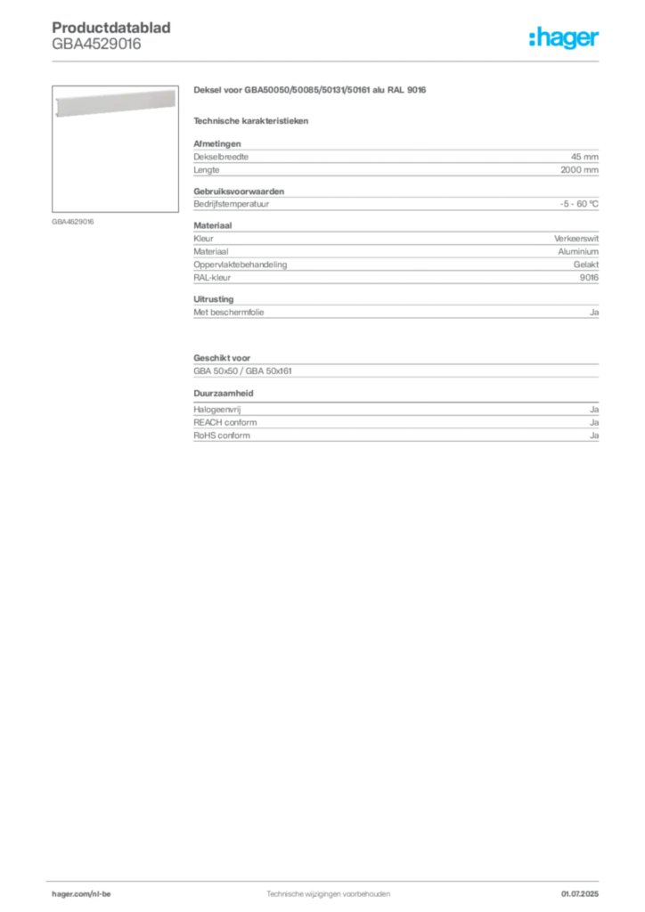 Afbeelding Hager Productdatablad GBA4529016 | Hager Belgium