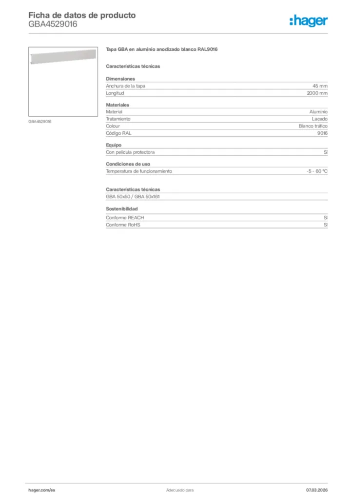 Imagen Hager Ficha de datos de producto GBA4529016 | Hager España