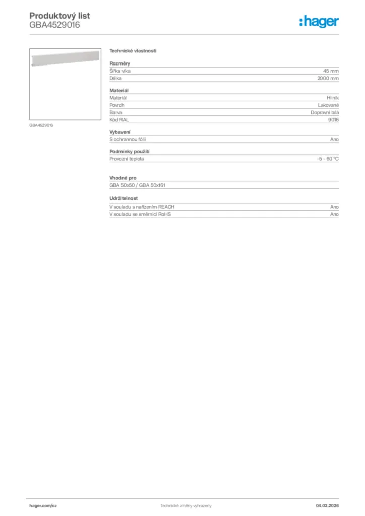 Obrázek Hager Product data sheet GBA4529016 | Hager