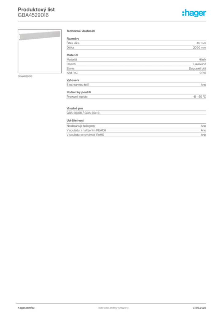 Obrázek Hager Produktový list GBA4529016 | Hager
