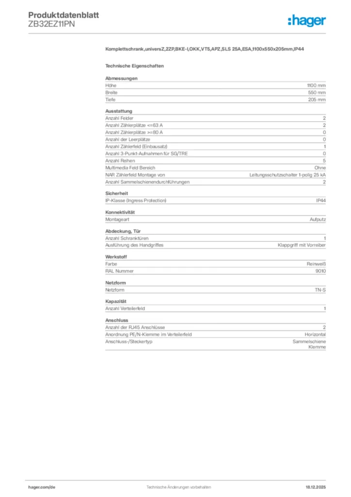 Bild Hager Produktdatenblatt ZB32EZ11PN | Hager Deutschland