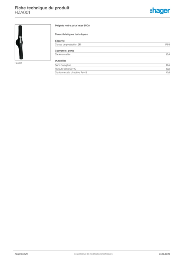 Image Hager Fiche technique du produit HZA001 | Hager France