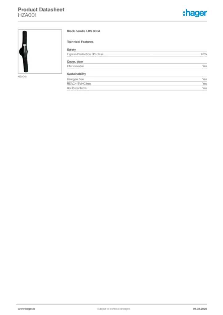 Image Hager Product data sheet HZA001  | Hager