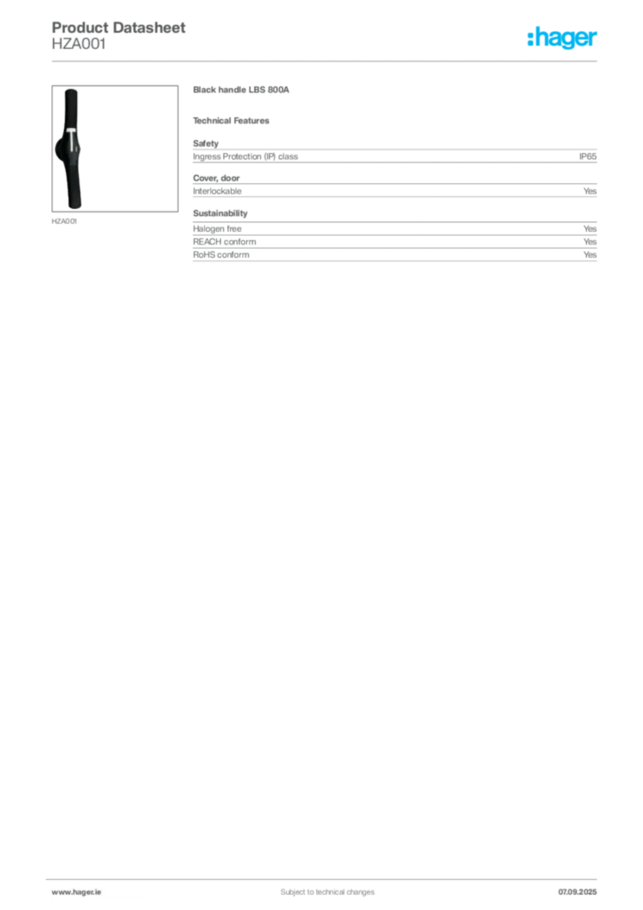 Image Hager Product data sheet HZA001  | Hager